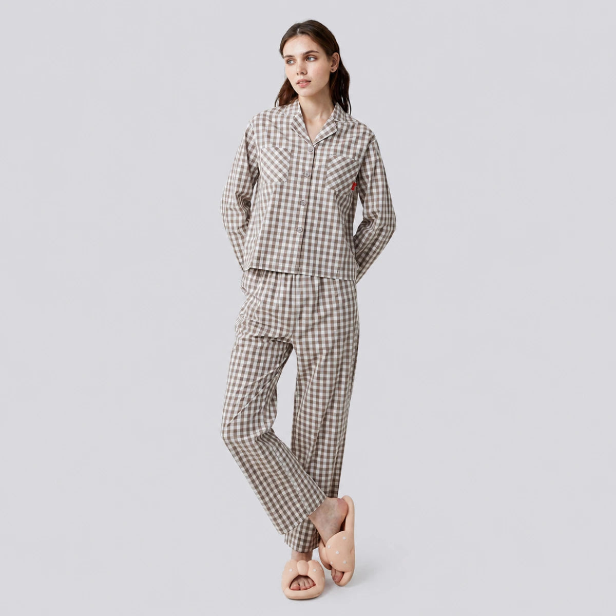 nareun Basic Long-Sleeve Pajama Set (Brown Check / FREE)