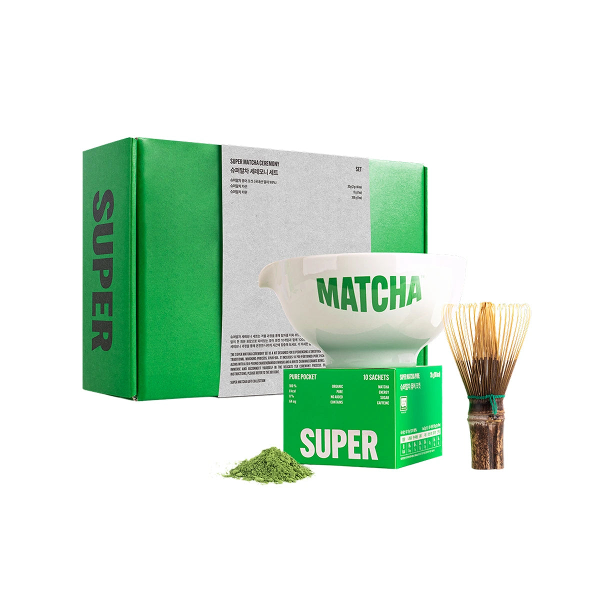 Super Matcha Ceremony Set (Pure Pocket (2g × 10ea), Bamboo whisk (17g, 1ea), teacup (300g, 1ea))