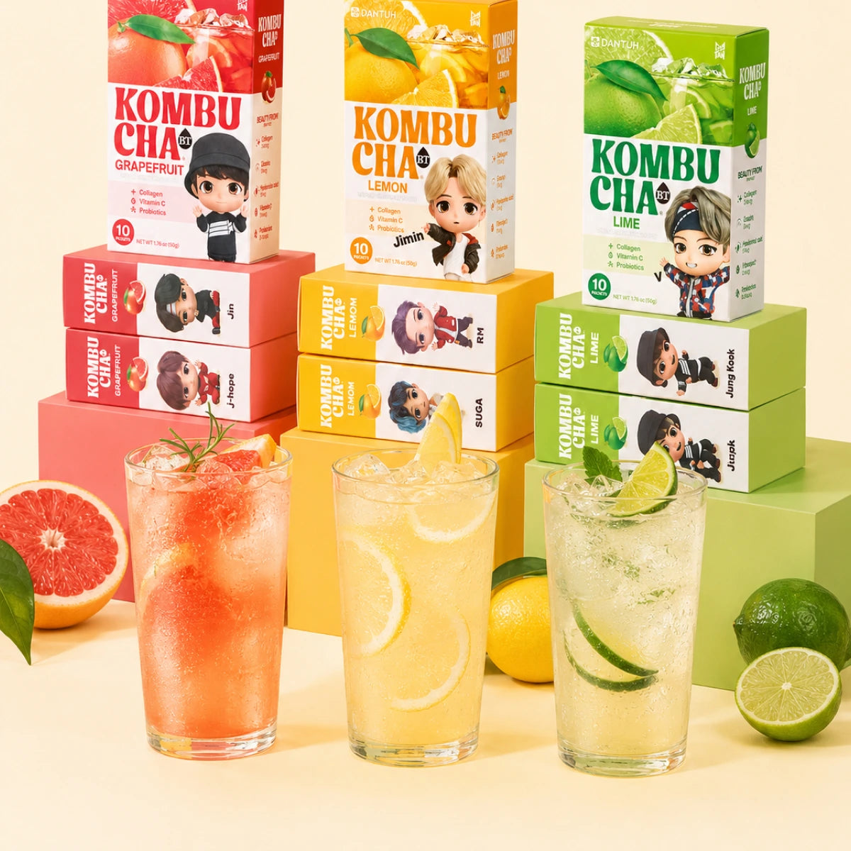 Damtuh BT Kombucha 5-Flavor Variety Pack ( Shine Muscat, Strawberry, Lime, Lemon, Grapefruit | 50 Sticks )