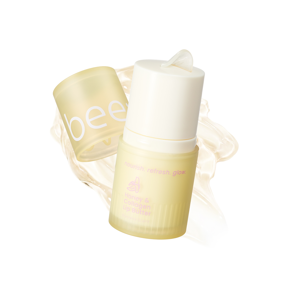 beenuvo Honey & Collagen Banana Lip Butter 4-Piece Gift Set (Lip Butter 13g + Pink Keychain + Mesh Pouch + Bee Plush Keychain)