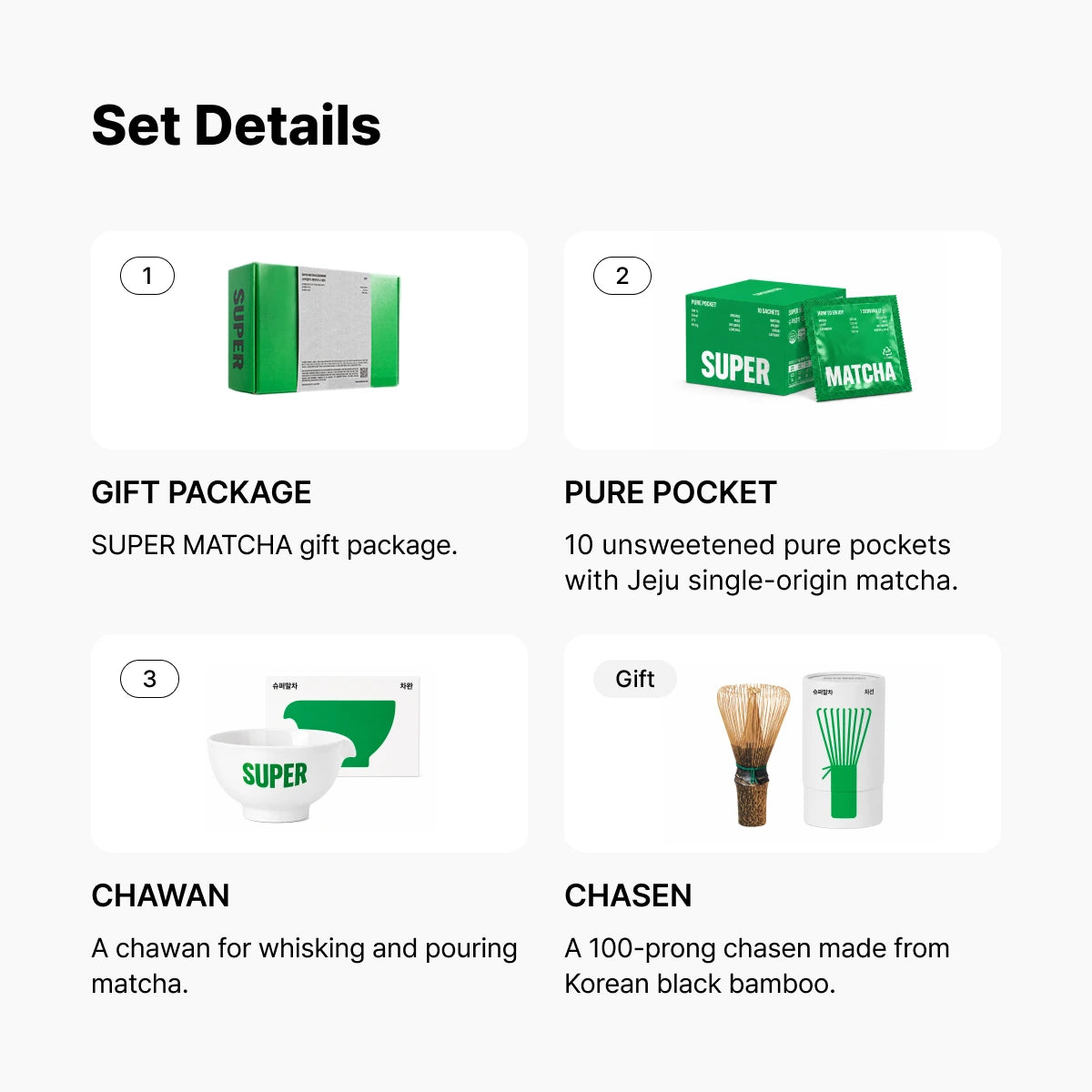 Super Matcha Ceremony Set (Pure Pocket (2g × 10ea), Bamboo whisk (17g, 1ea), teacup (300g, 1ea))