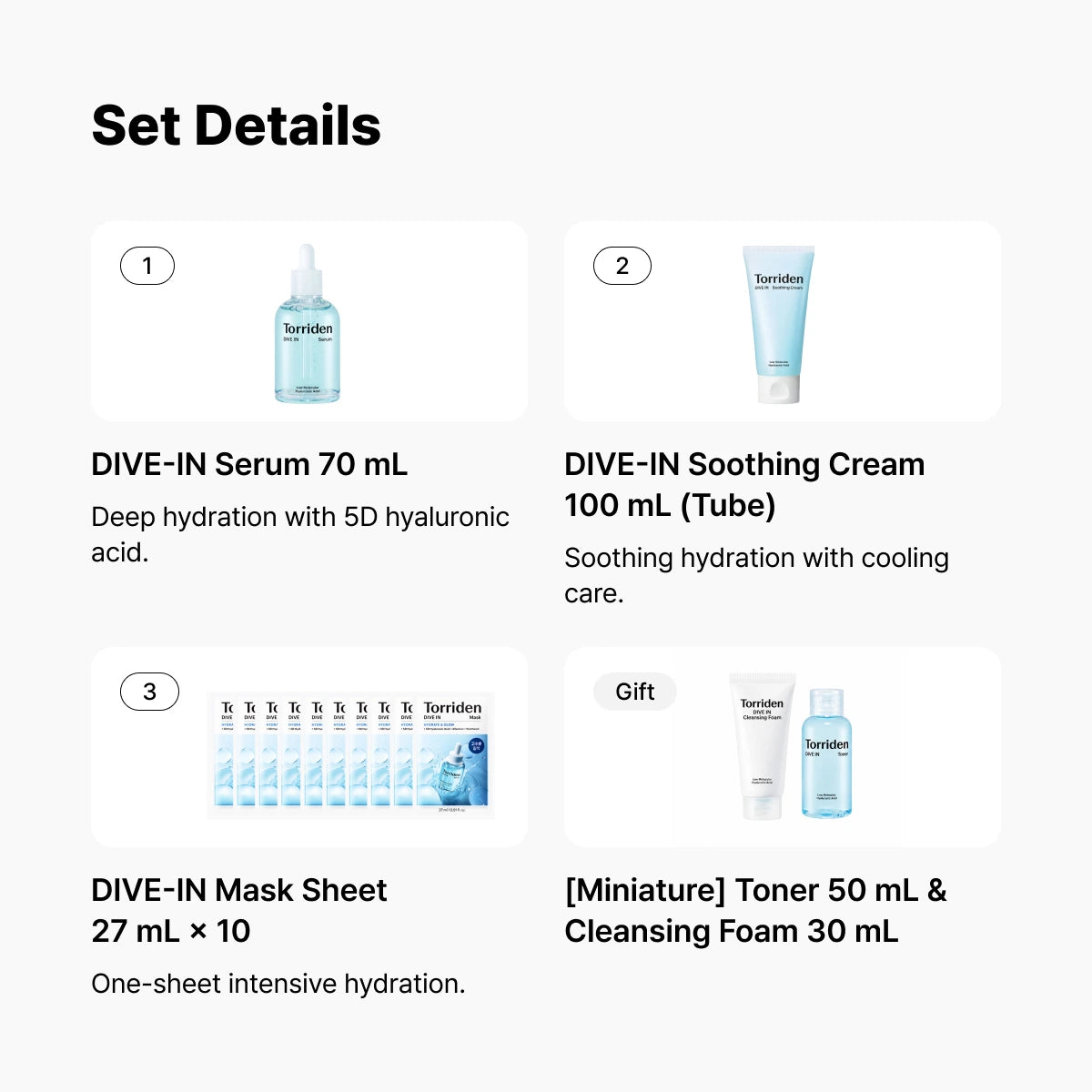 Torriden DIVE-IN Low Molecular Hyaluronic Acid Mask Set (10 Masks + Soothing Cream 100ml + Serum 70ml)