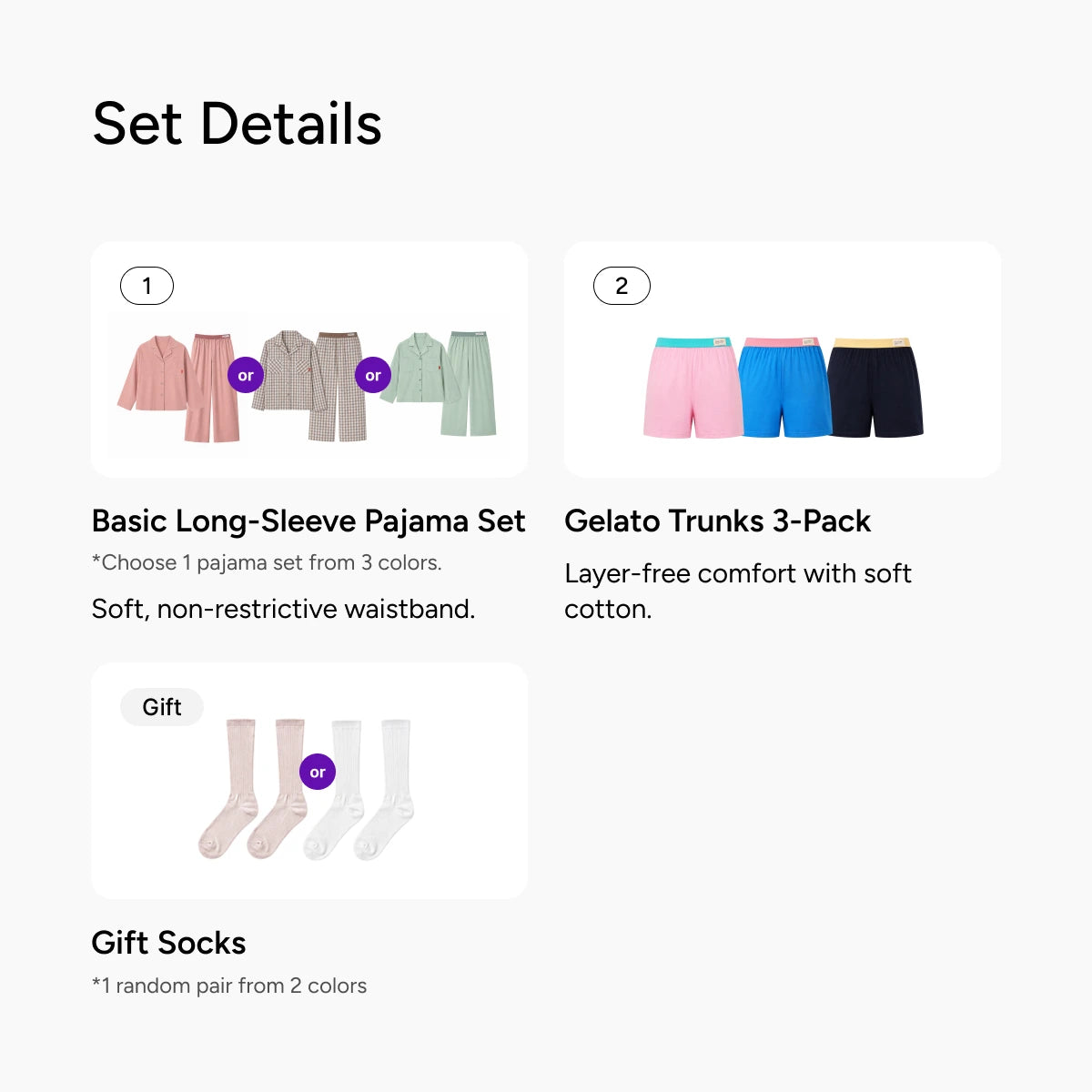 nareun Basic Long-Sleeve Pajama Set + Gelato Trunks 3-Pack + [Gift] Socks (Random Color)