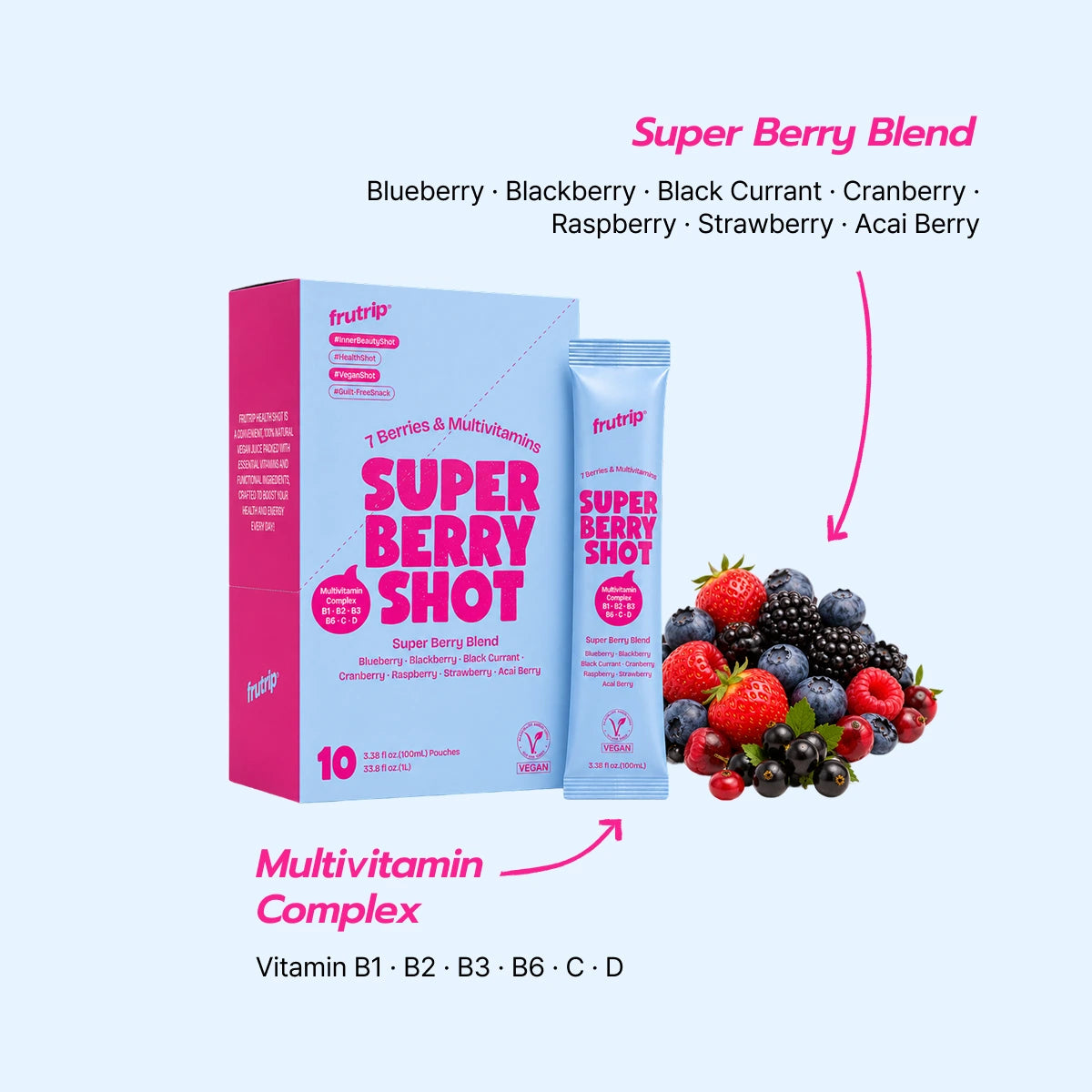 FRUTRIP Vegan Super Berry Shot- Multi-Vita 7 Berries Mix (100ml X 10 pouches/box)
