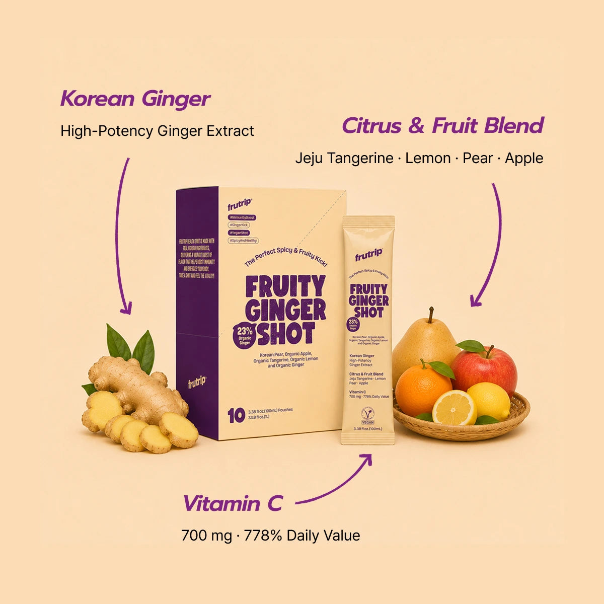 FRUTRIP Vegan Vitamin C Fruity Ginger Shot- Cocktail mixer for wine lovers (100ml X 10 pouches/box)