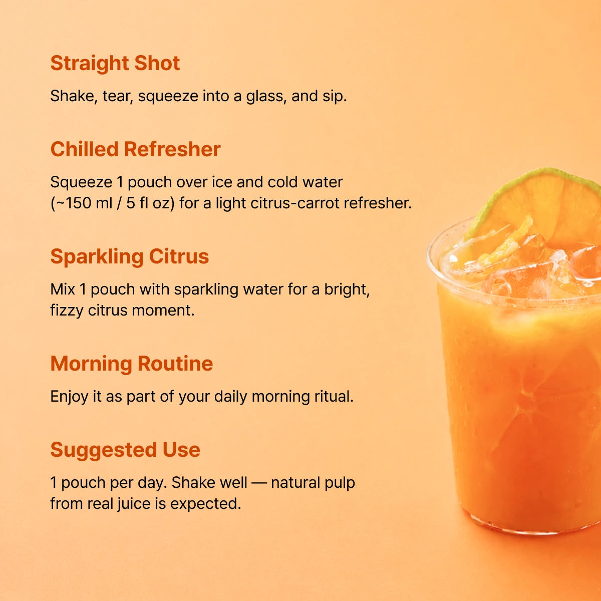 FRUTRIP Vegan Vita-D Daily Shot
- Carrot and Tangerine
(100ml X 10pouches /box)