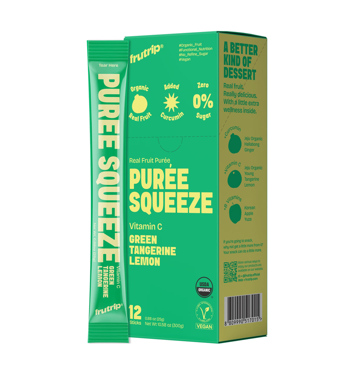 FRUTRIP Vegan Purée Squeeze Young Green Tangerine and Lemon (25g X 12 sticks/box)