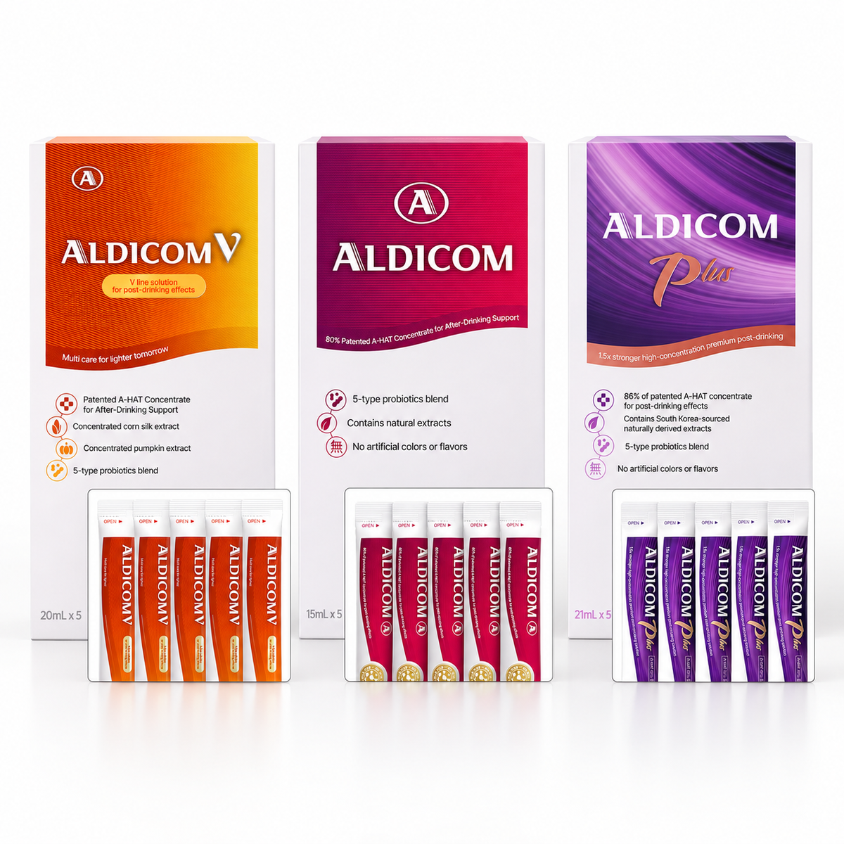 ALDICOM 酒後舒緩飲體驗三件套組（V 酒後舒緩飲 + Plus 酒後舒緩飲 + A 酒後舒緩飲）