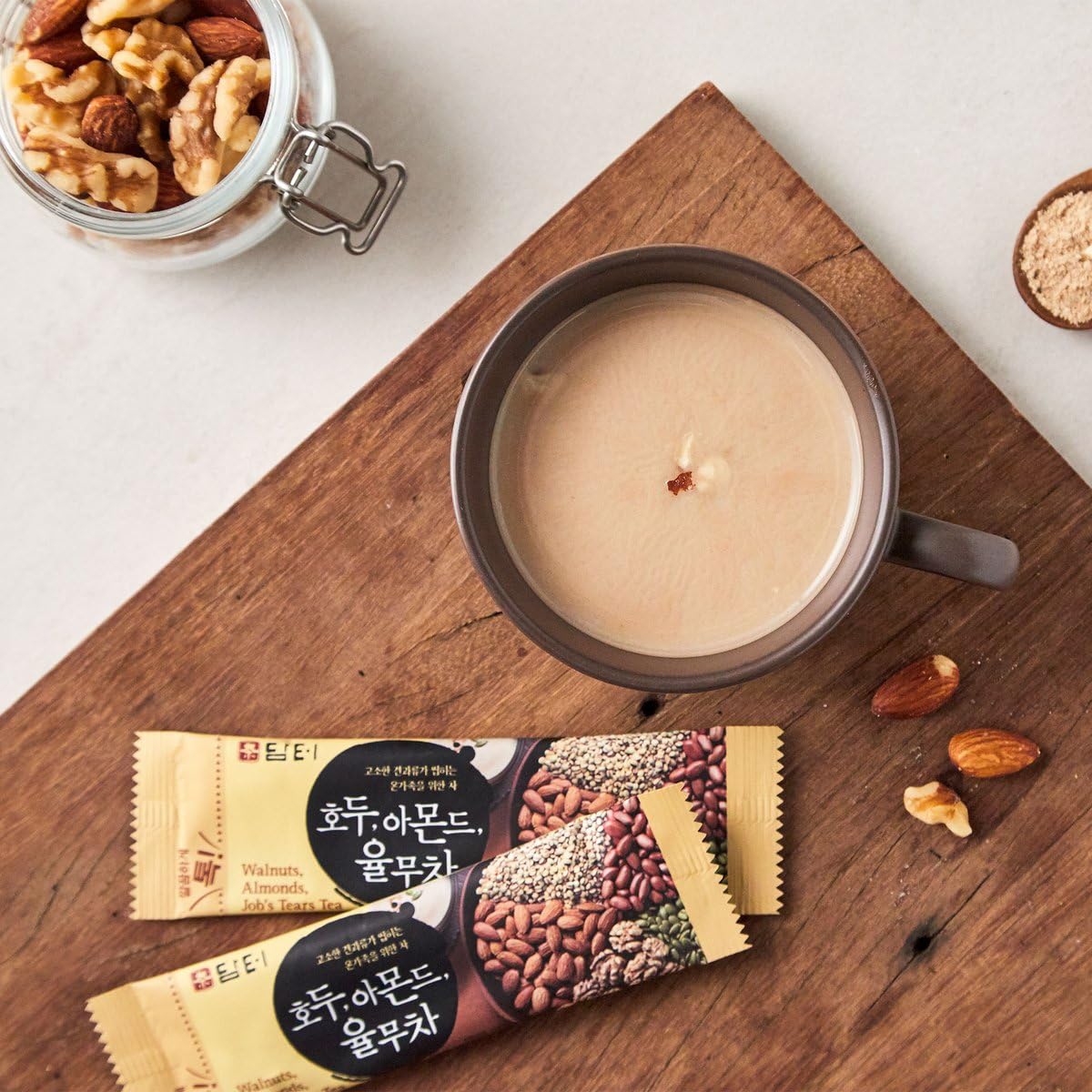 Damtuh Walnut Almond Adlay Tea (18g x 15 Sticks) Korean Yulmu Cha (Job’s Tears) Roasted Grain & Nut Latte-Style Powder with Crunchy Nut Bits, Caffeine-Free