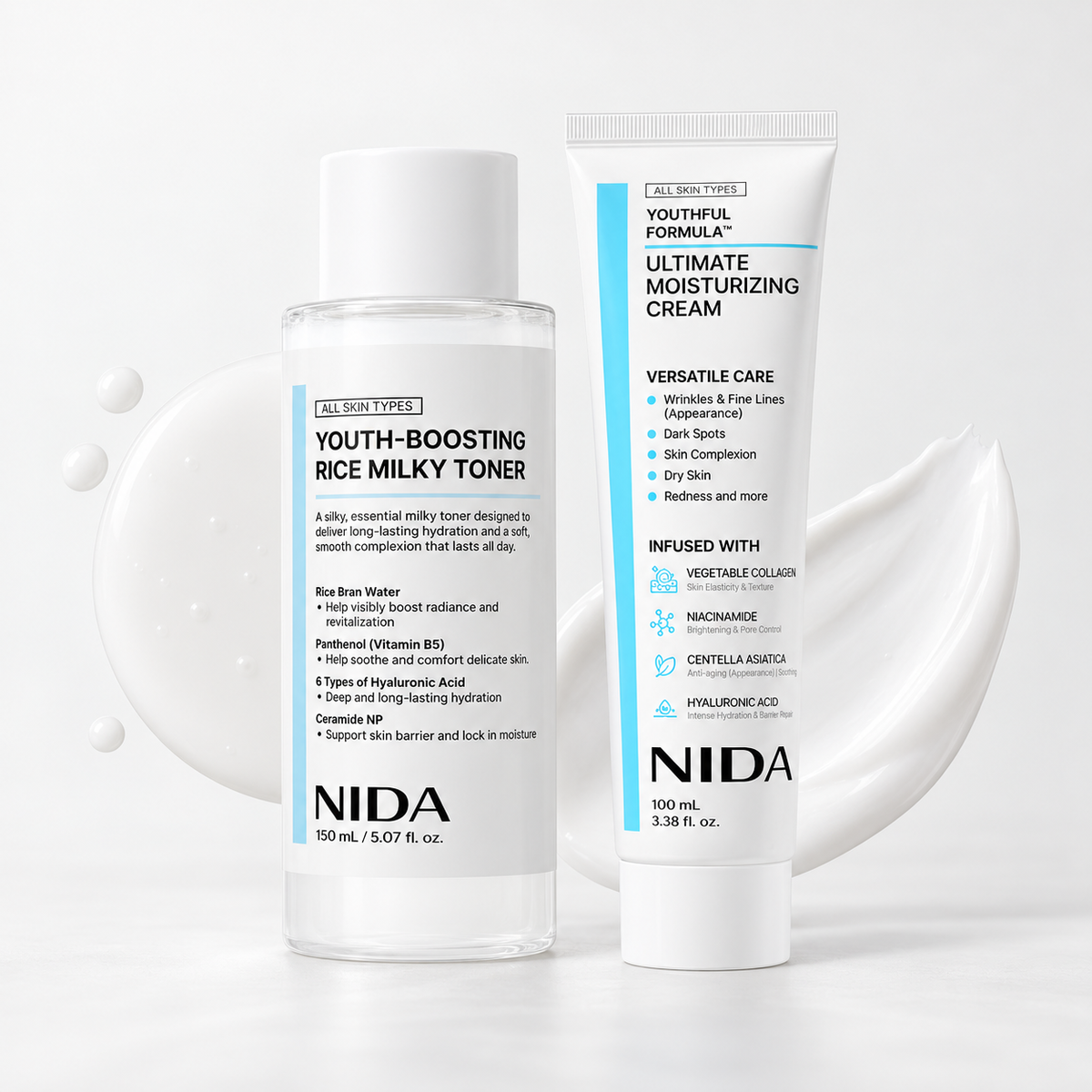 NIDA 米萃精華乳補水雙件套組（Youth-Boosting 米萃精華乳化妝水 + Youthful Formula 極潤保濕乳霜）
