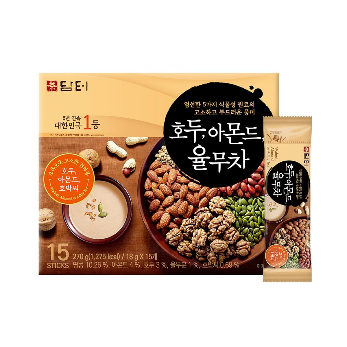 Damtuh Walnut Almond Adlay Tea (18g x 15 Sticks) Korean Yulmu Cha (Job’s Tears) Roasted Grain & Nut Latte-Style Powder with Crunchy Nut Bits, Caffeine-Free