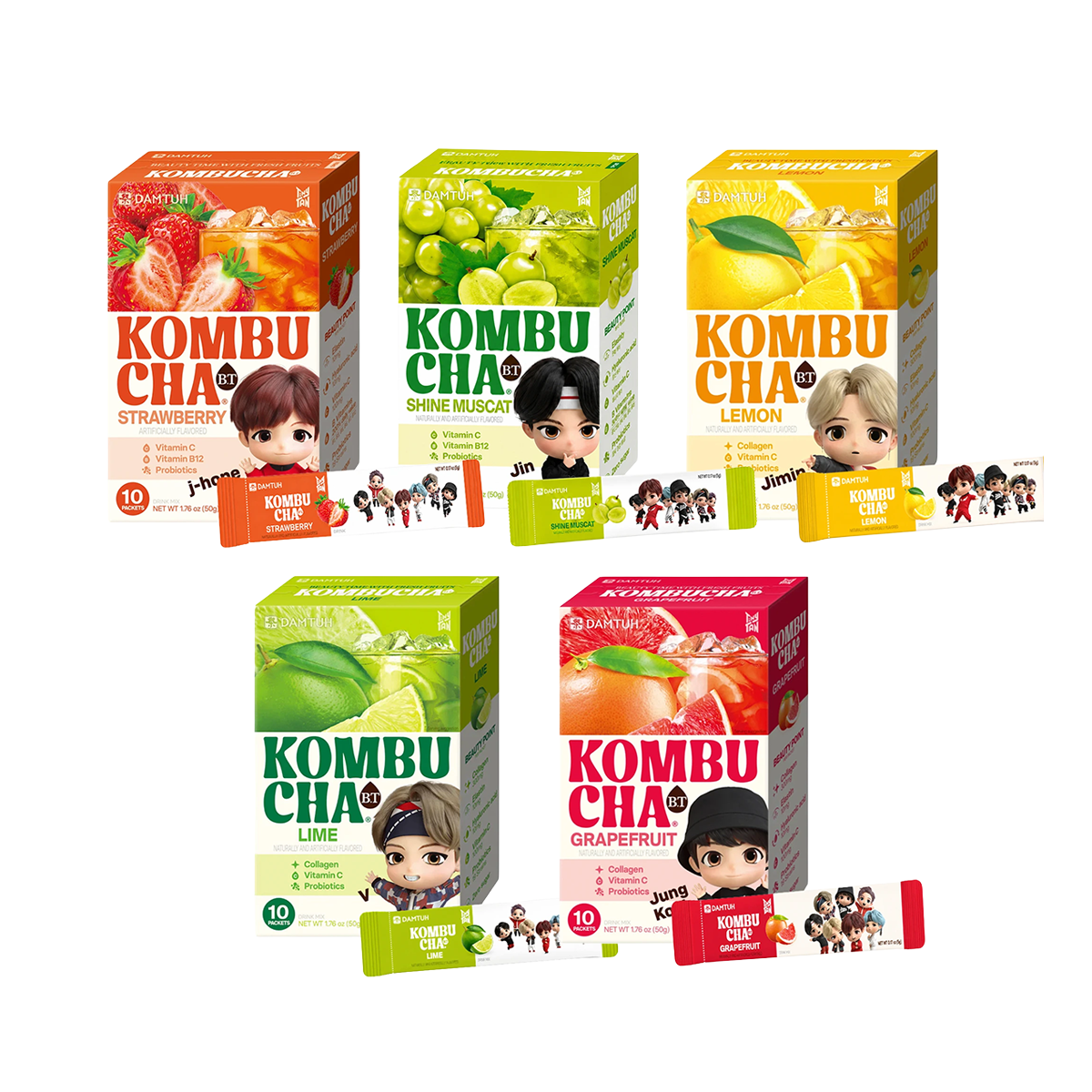 Damtuh BT Kombucha 5-Flavor Variety Pack ( Shine Muscat, Strawberry, Lime, Lemon, Grapefruit | 50 Sticks )