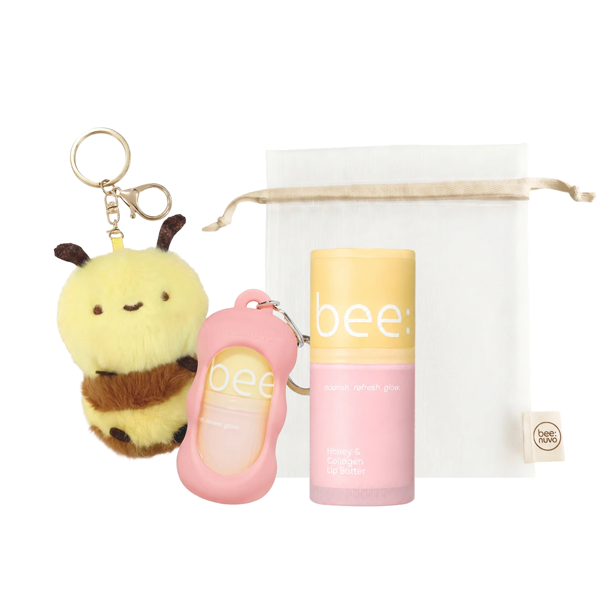 beenuvo Honey & Collagen Banana Lip Butter 4-Piece Gift Set (Lip Butter 13g + Pink Keychain + Mesh Pouch + Bee Plush Keychain)