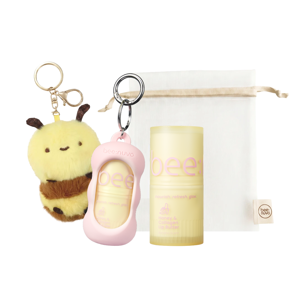 beenuvo Honey & Collagen Banana Lip Butter 4-Piece Gift Set (Lip Butter 13g + Pink Keychain + Mesh Pouch + Bee Plush Keychain)