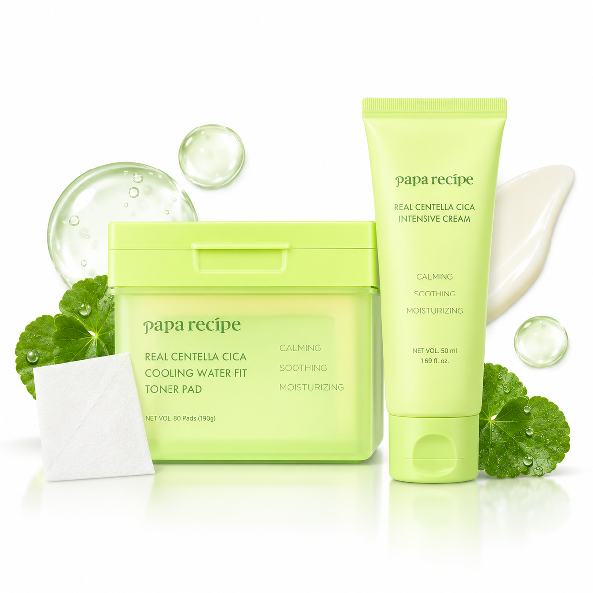 Papa Recipe Cica Cooling Pad & Cream Duo (Real Centella Cica Cooling Water Fit Toner Pad 80 EA+Real Centella Cica Intensive Cream 50 ml)