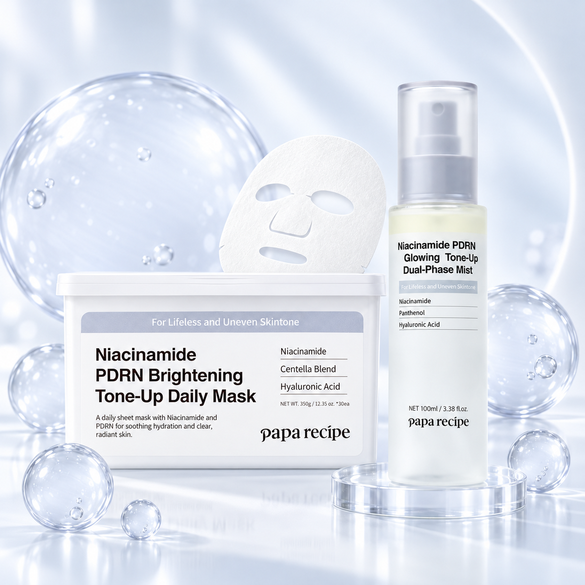 Papa Recipe PDRN Brightening Duo (Niacinamide PDRN Brightening Tone-Up Daily Mask 30 Sheets+Niacinamide PDRN Glowing Tone-Up Dual-Phase Mist 100 ml)